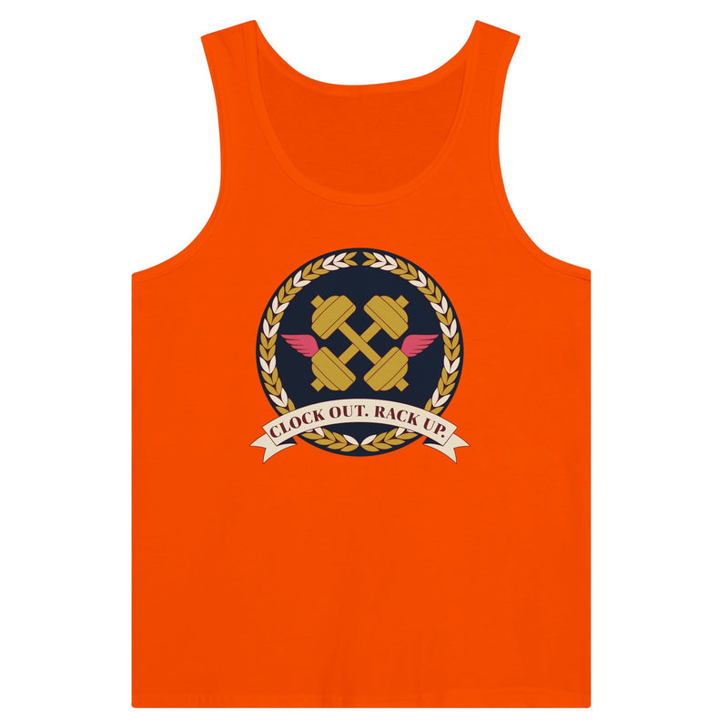 Clock Out. Rack Up. crest design on a Dumbbells and Hotels unisex tank top