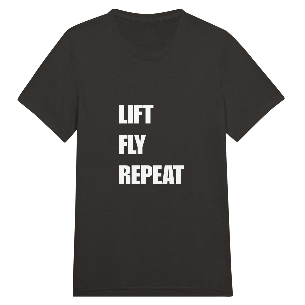 Lift Fly Repeat unisex triblend tee for travelling professionals, printed with a laurel-wreath crest with crossed dumbbells, aviator wings and a LIFT. FLY. REPEAT. ribbon — product photo 13 of 19