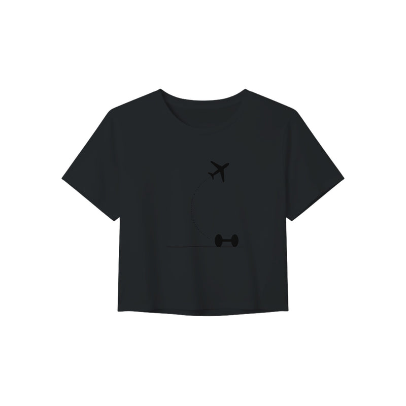 Black Hotel Key, Fitness Key cropped tee, flight-path dumbbell design