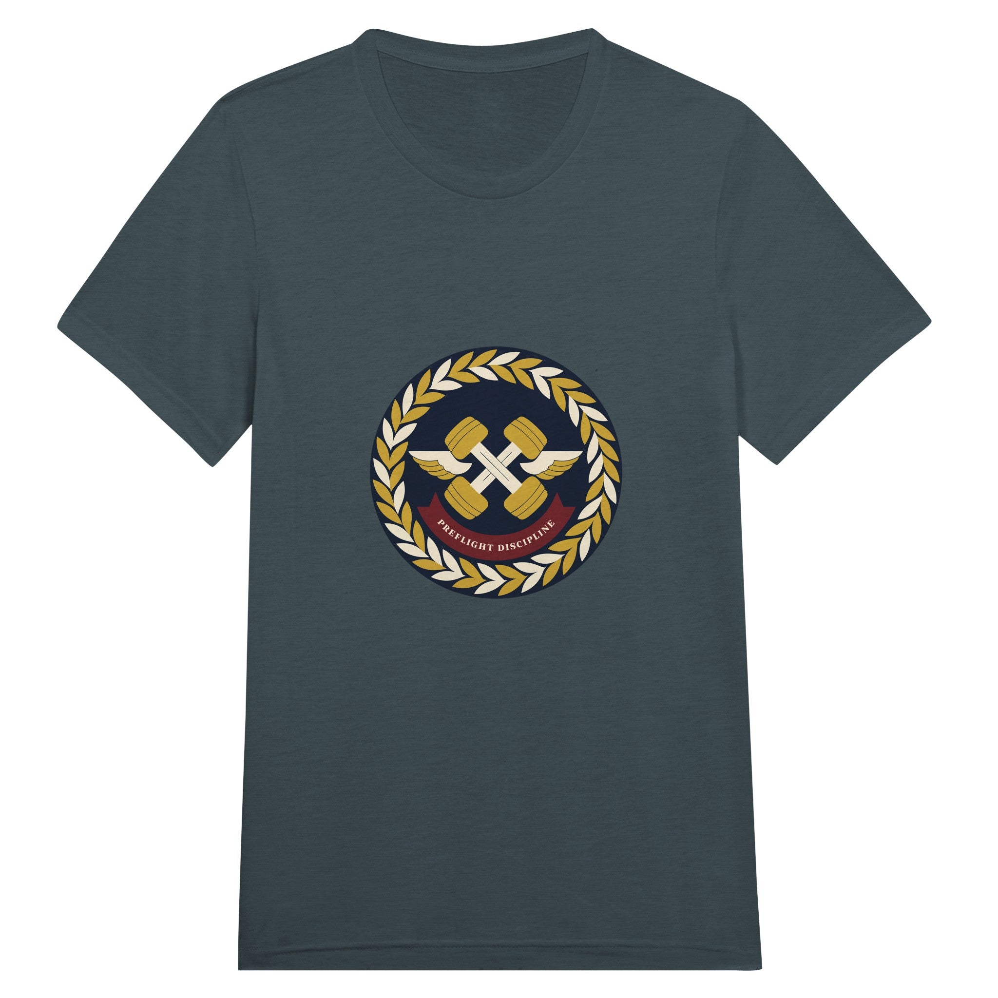 Preflight Discipline winged-dumbbell crest with laurel wreath on a unisex triblend tee by Dumbbells & Hotels — view 11 of 19