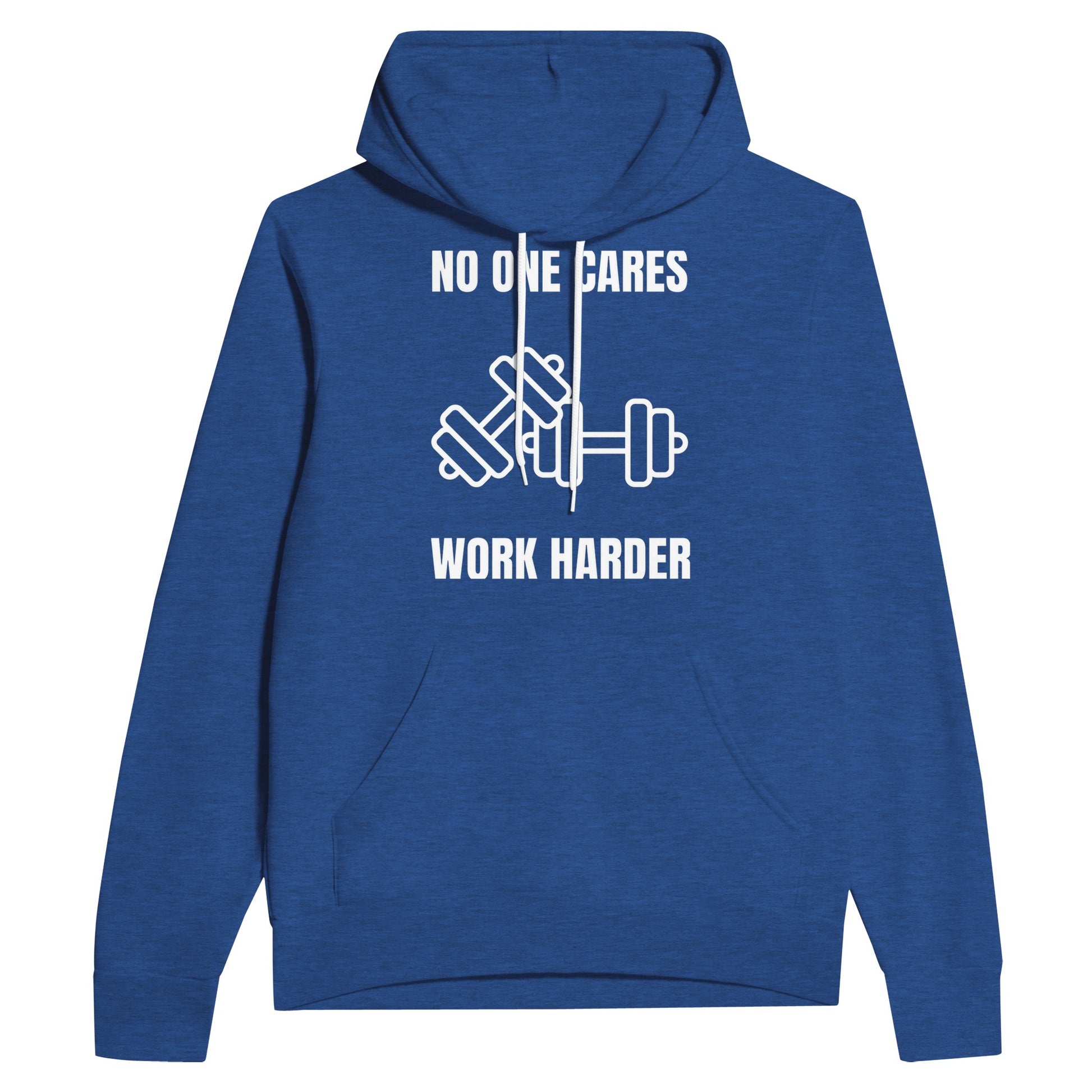 No One Cares. Work Harder sponge fleece hoodie — road warrior training in the hotel gym | Dumbbells & Hotels