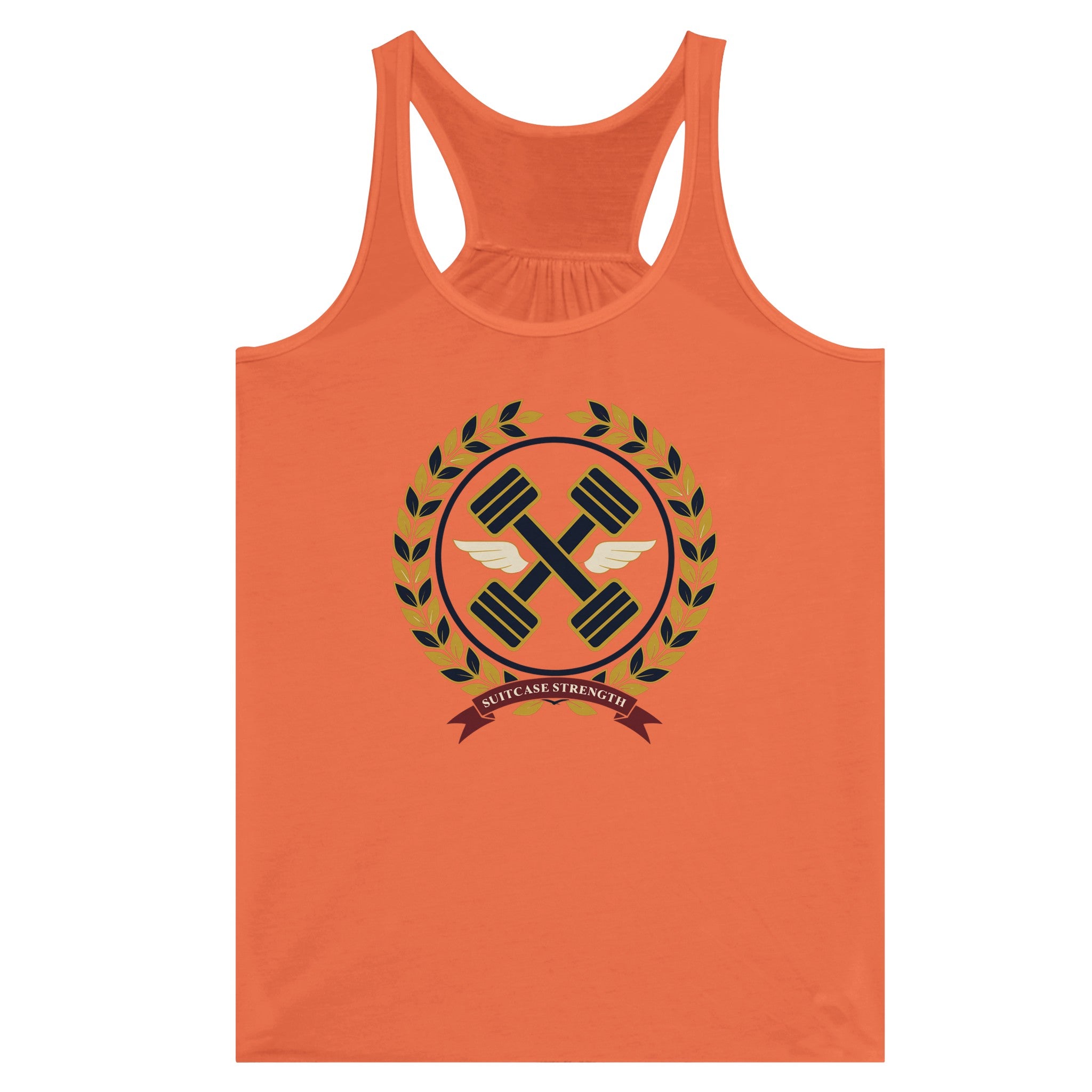 Suitcase Strength women's flowy racerback tank for travelling professionals, printed with a gold laurel-wreath crest with navy crossed dumbbells, cream aviator wings and a SUITCASE STRENGTH ribbon — product photo 2 of 13