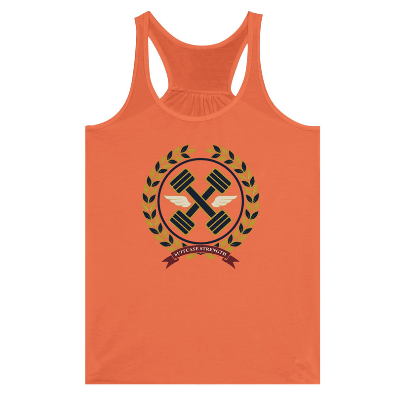 Suitcase Strength women's flowy racerback tank for travelling professionals, printed with a gold laurel-wreath crest with navy crossed dumbbells, cream aviator wings and a SUITCASE STRENGTH ribbon — product photo 2 of 13
