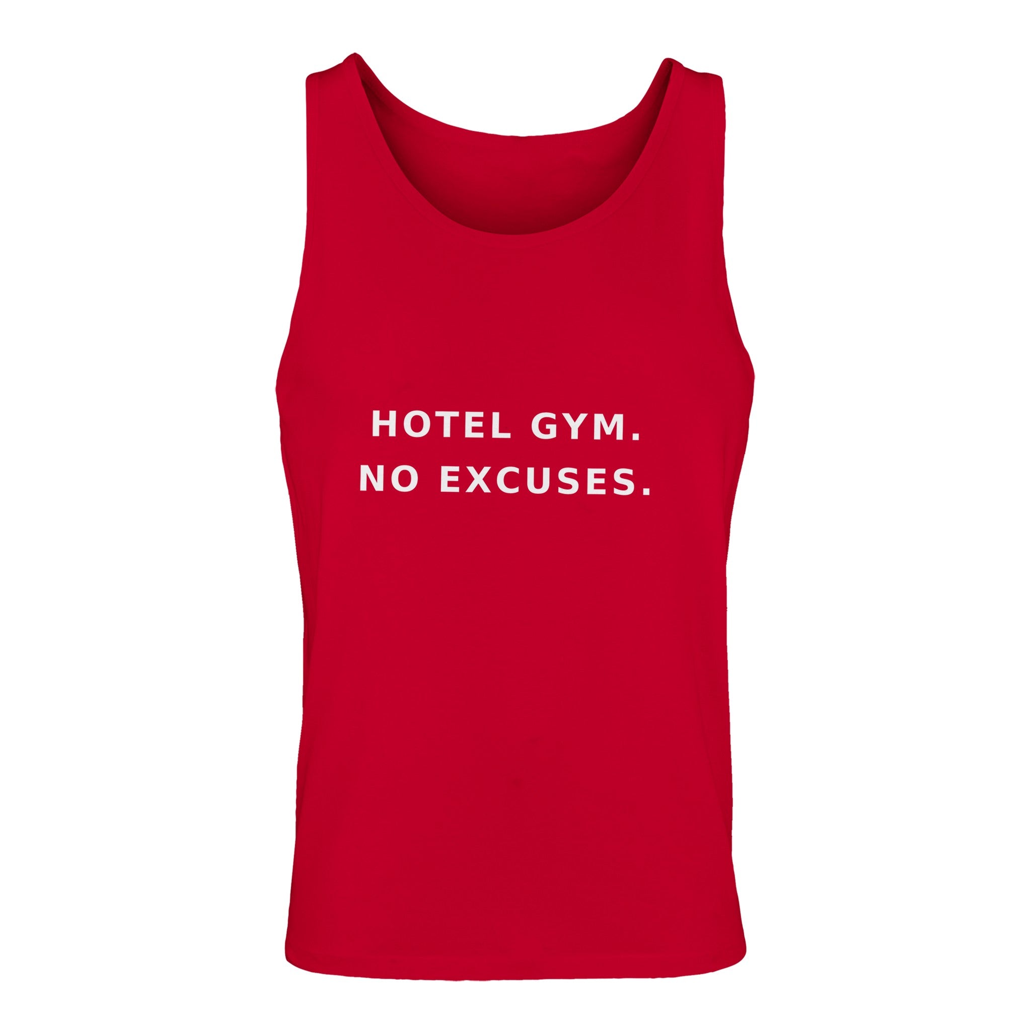 men's premium travel tank with white Hotel Gym. No Excuses. statement print for hotel gym sessions