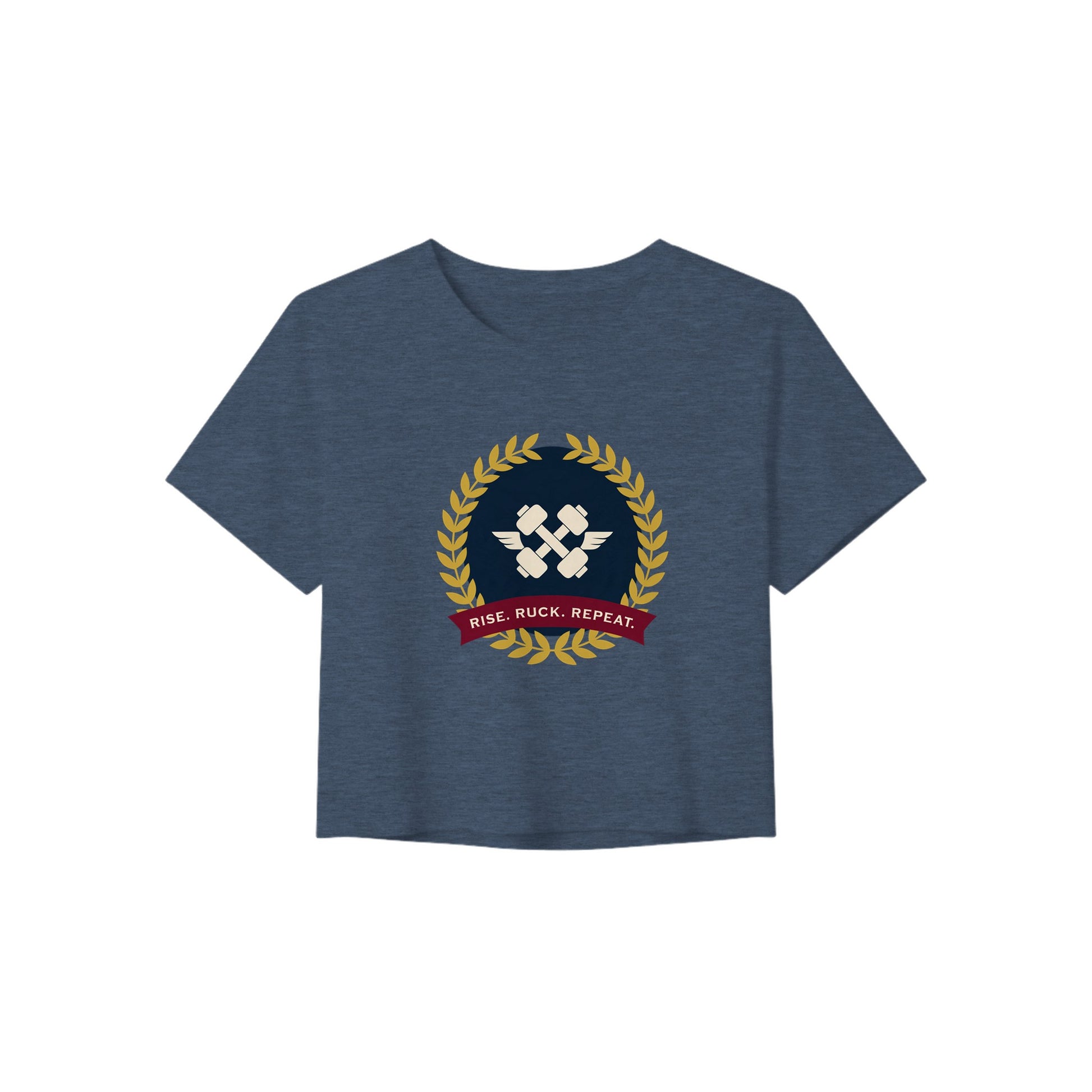 Rise. Ruck. Repeat. women's flowy crop tee in Heather Navy — packable travel training apparel from Dumbbells & Hotels