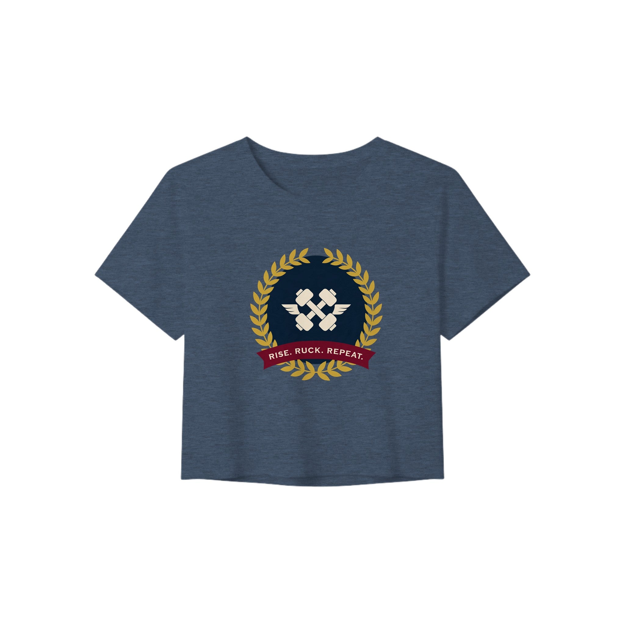 Rise. Ruck. Repeat. women's flowy crop tee in Heather Navy — packable travel training apparel from Dumbbells & Hotels