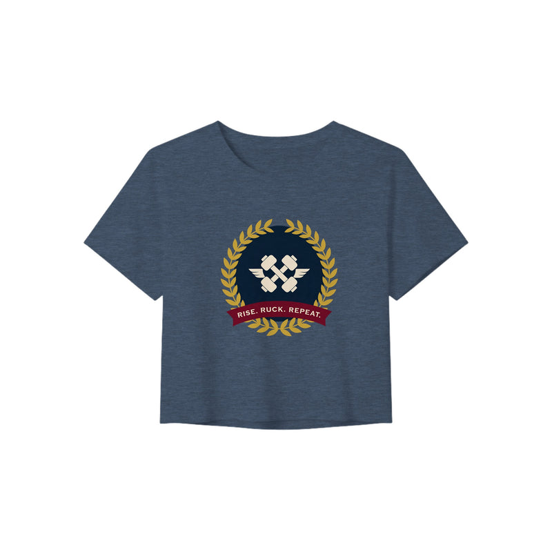 Rise. Ruck. Repeat. women's flowy crop tee in Heather Navy — packable travel training apparel from Dumbbells & Hotels