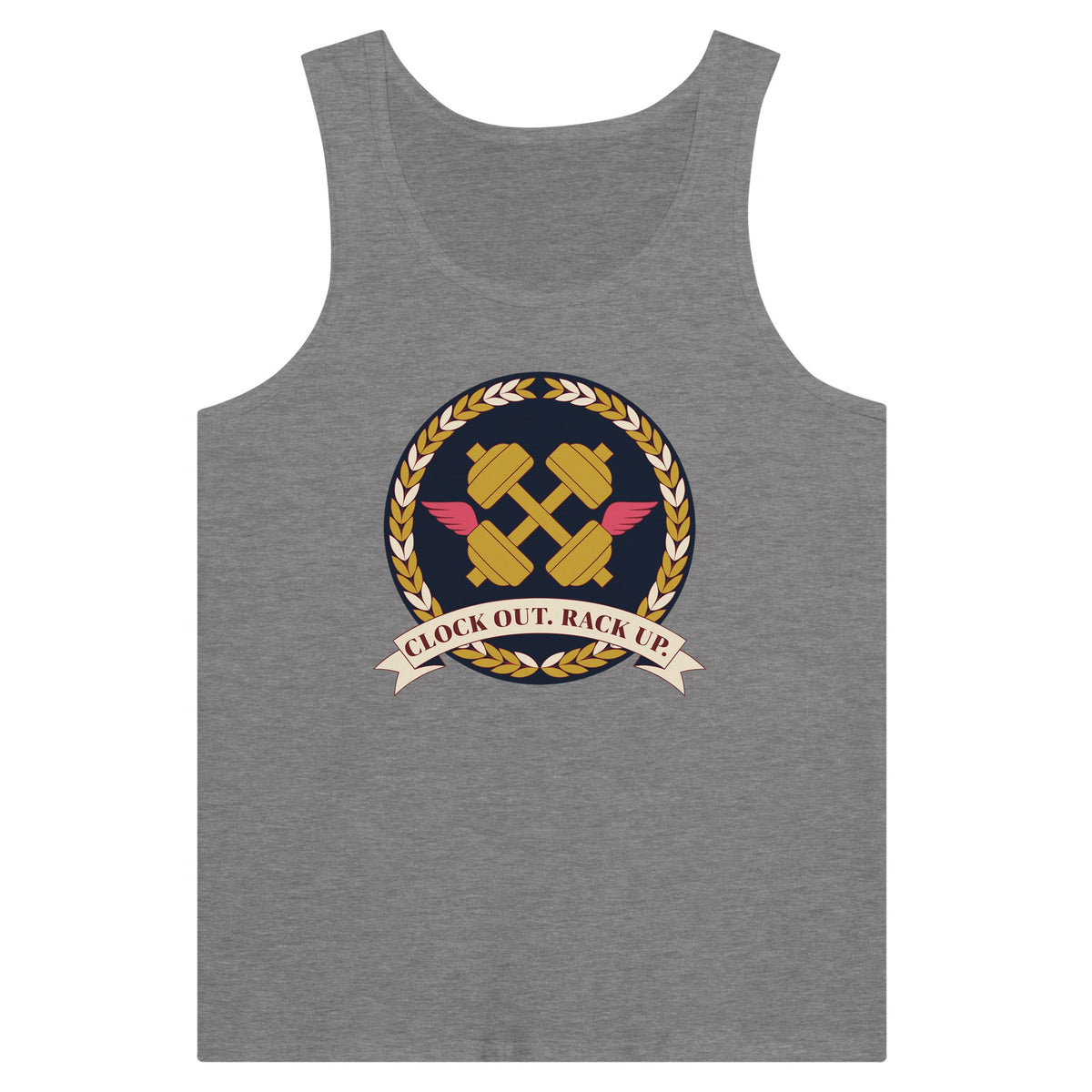 Clock Out. Rack Up. crest design on a Dumbbells and Hotels unisex tank top