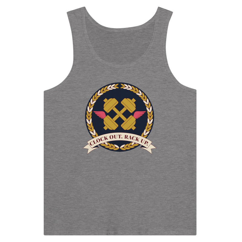 Clock Out. Rack Up. crest design on a Dumbbells and Hotels unisex tank top