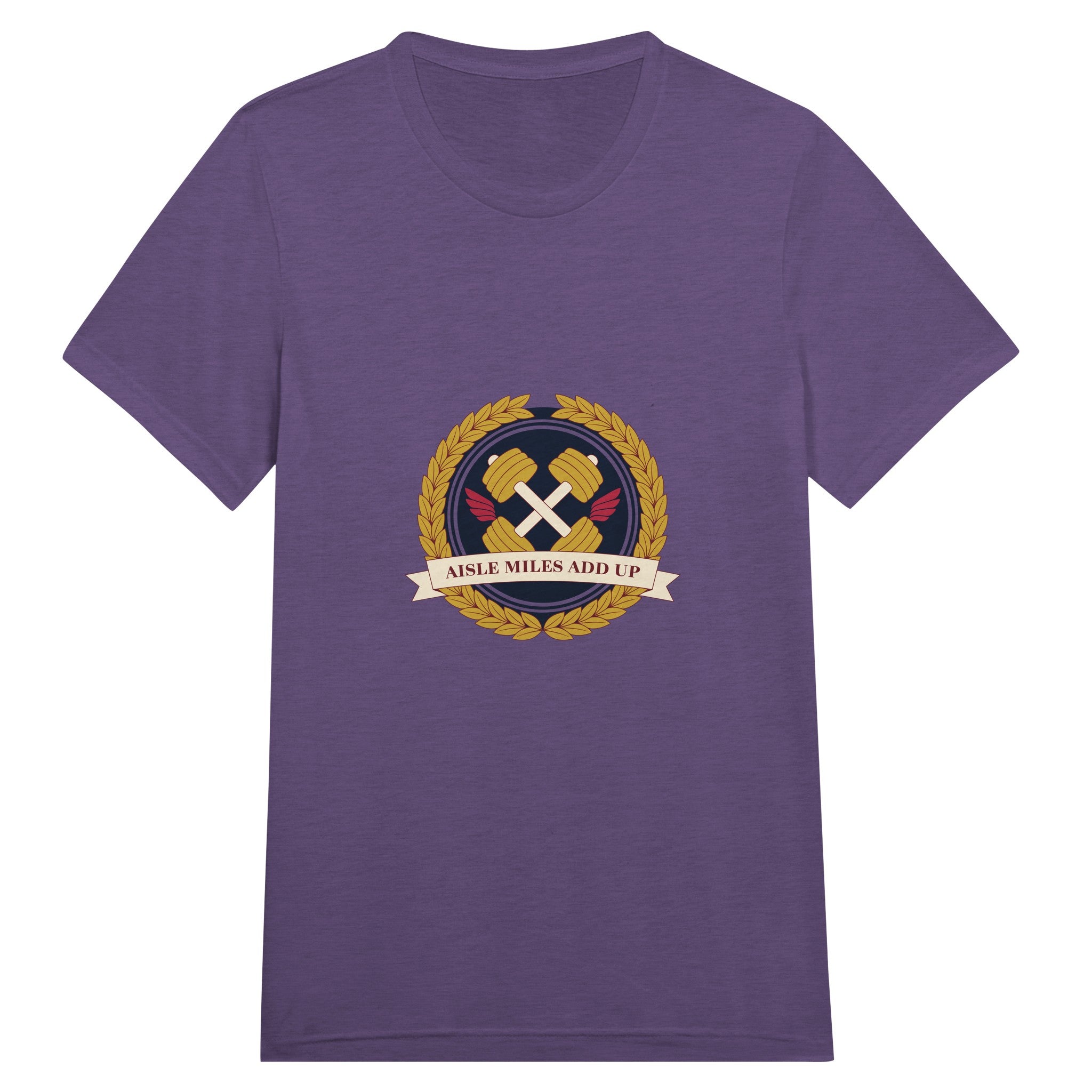 Aisle Miles Add Up frequent flyer travel tee, front view 7 — Dumbbells & Hotels
