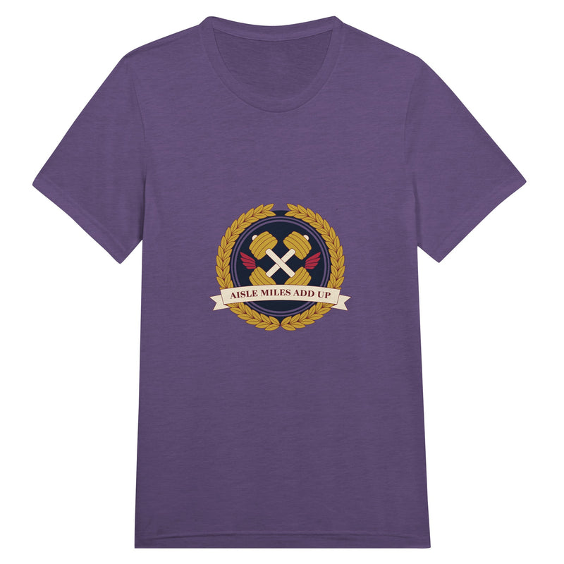 Aisle Miles Add Up frequent flyer travel tee, front view 7 — Dumbbells & Hotels
