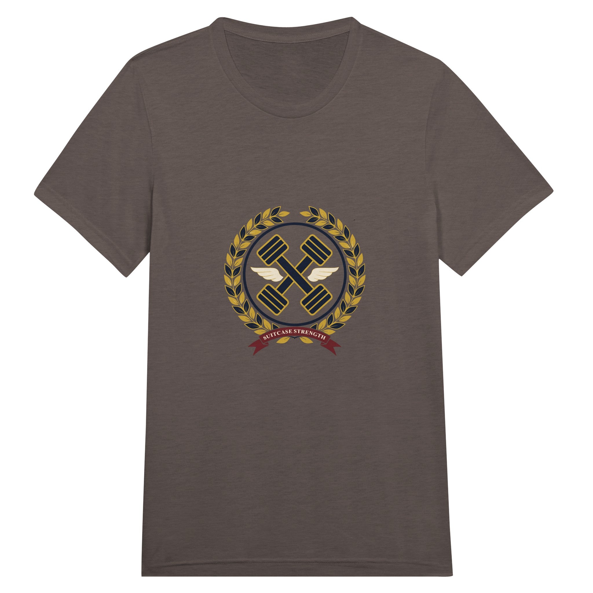 Suitcase Strength unisex triblend tee for travelling professionals, printed with a gold laurel-wreath crest with navy crossed dumbbells, cream aviator wings and a SUITCASE STRENGTH ribbon — product photo 9 of 19