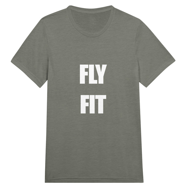 Fly Fit white typography print on dark triblend crew tee — layover-ready travel fitness tee by Dumbbells & Hotels