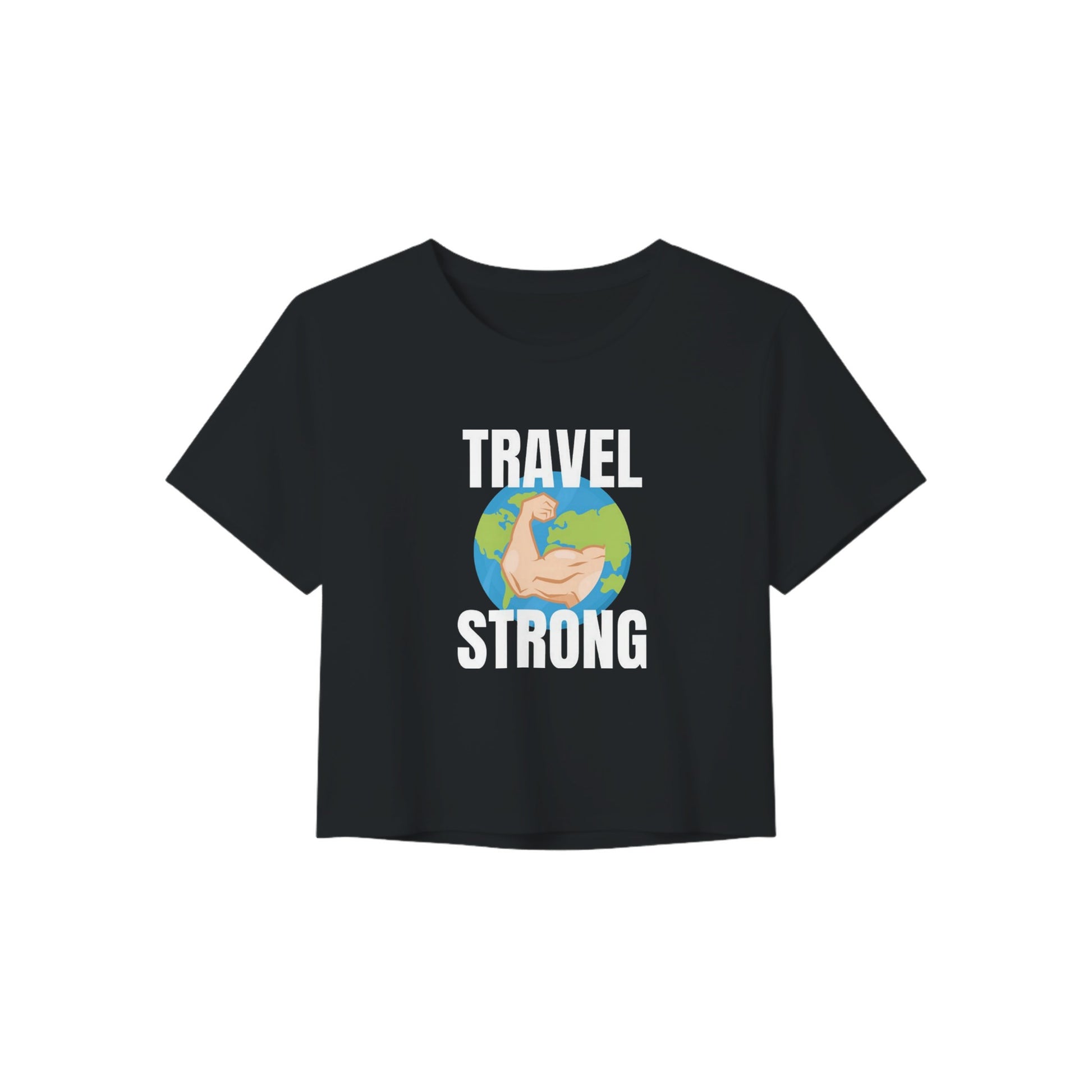 Travel Strong women's crop tee by Dumbbells & Hotels - on model