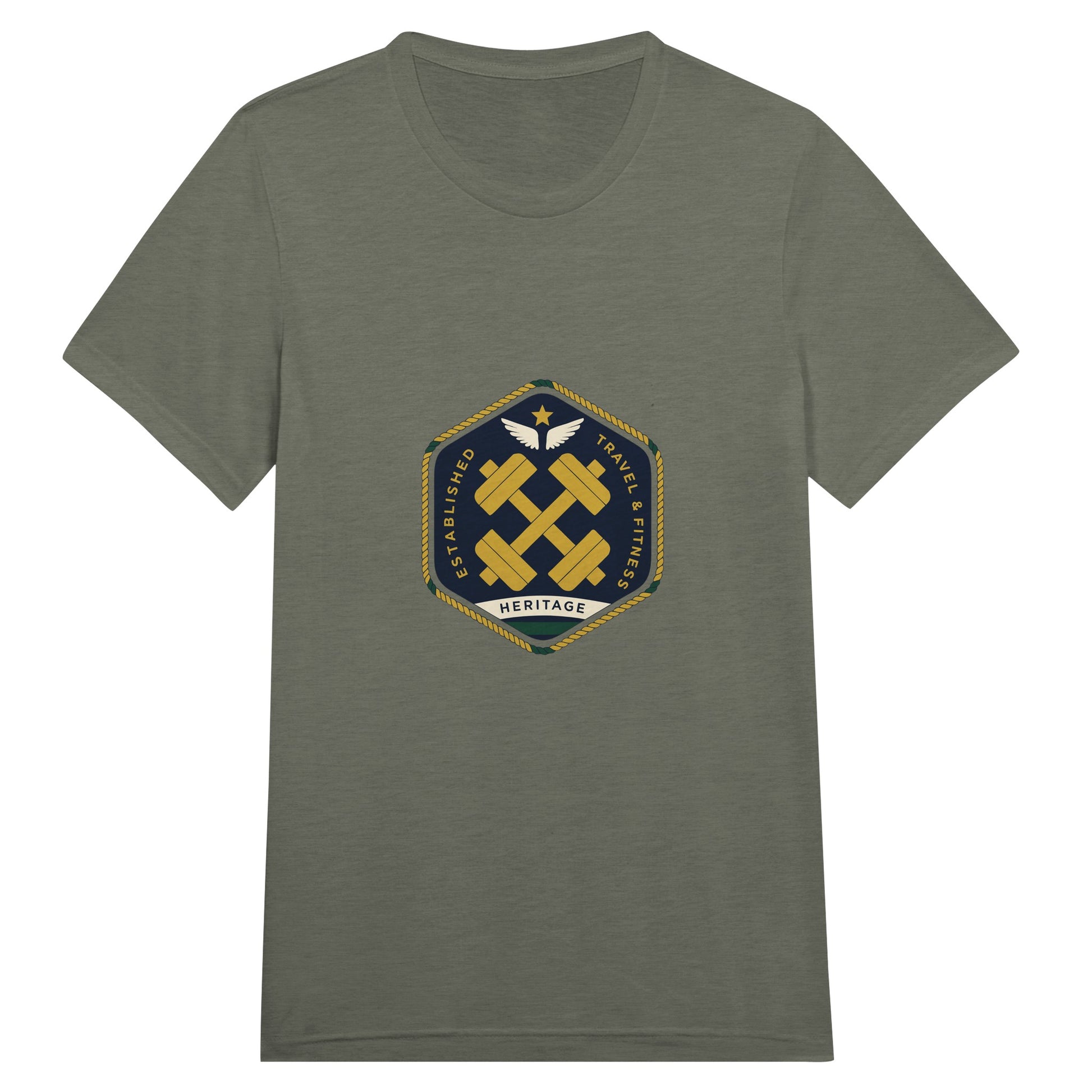 Heritage Standard crest-emblem travel tee, Dumbbells & Hotels road warrior apparel