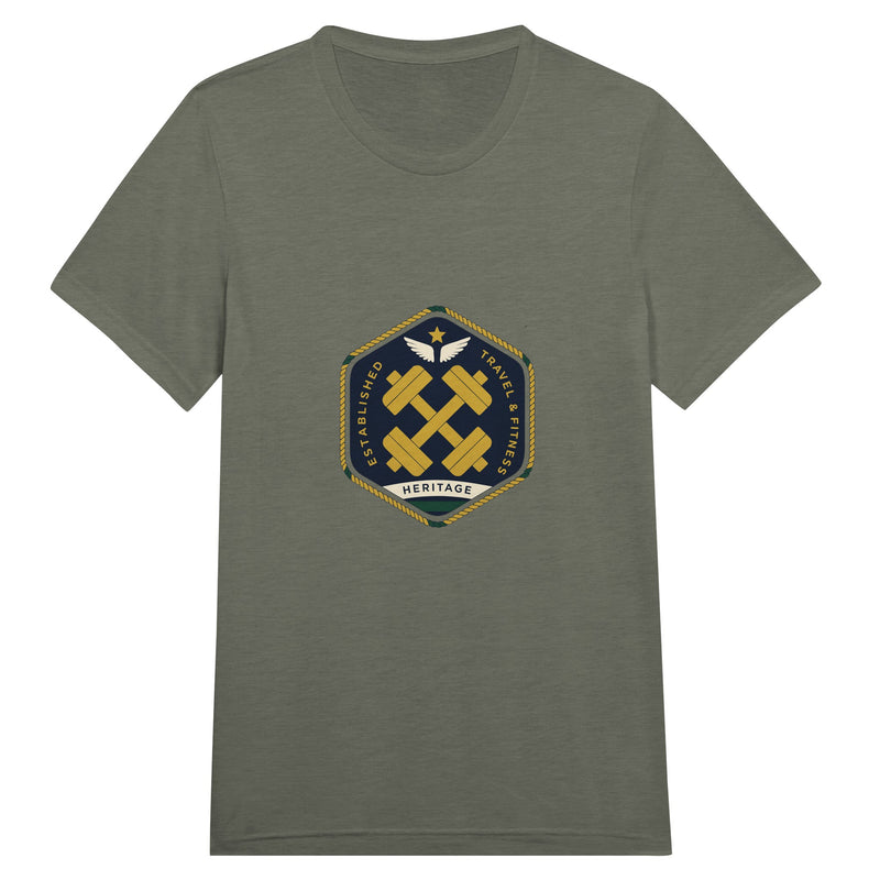 Heritage Standard crest-emblem travel tee, Dumbbells & Hotels road warrior apparel