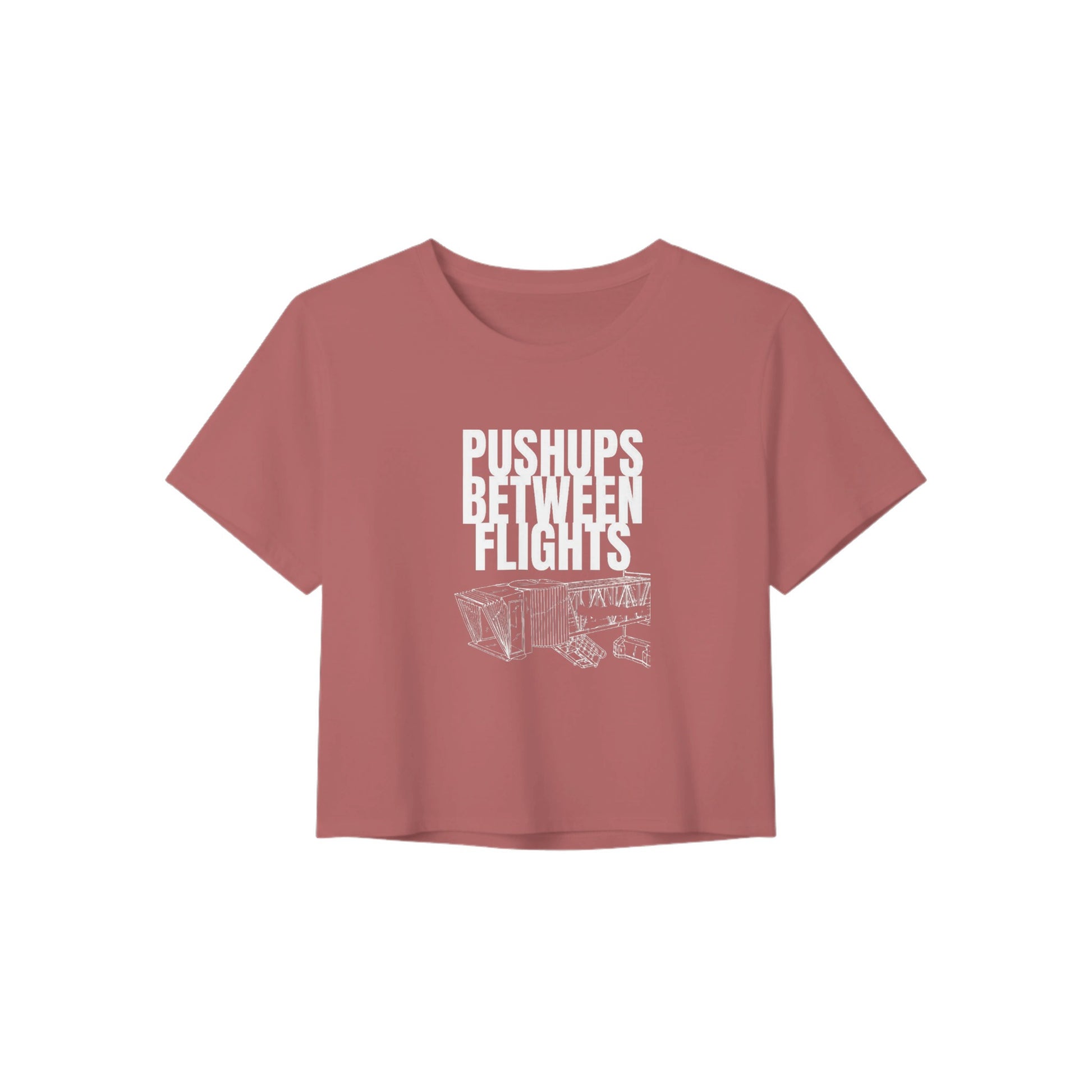 women's flowy travel crop tee with white Pushups Between Flights jet-bridge print, product view 7