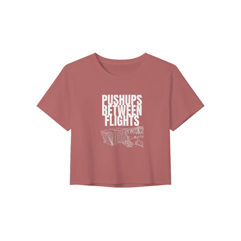 women's flowy travel crop tee with white Pushups Between Flights jet-bridge print, product view 7