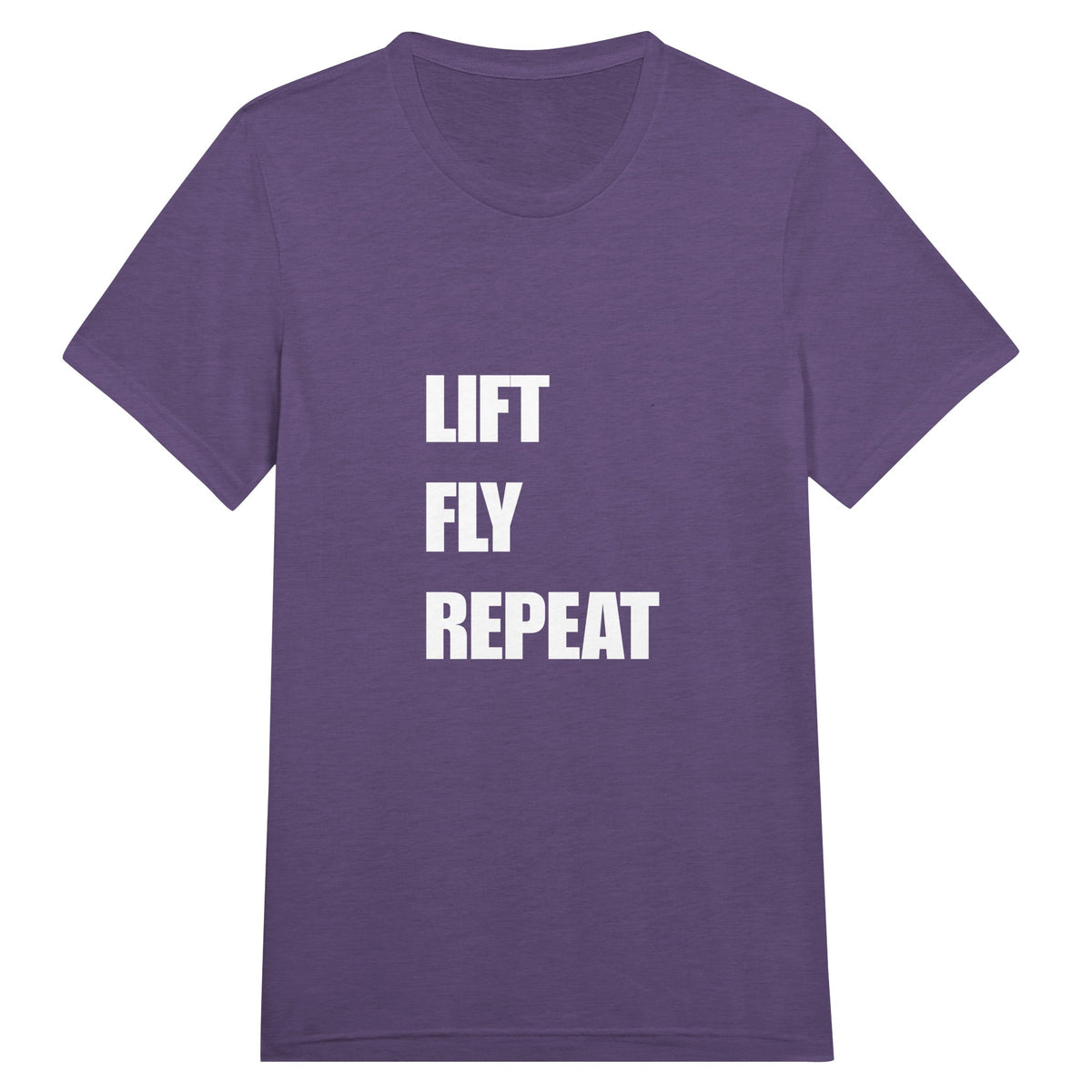 Lift Fly Repeat unisex triblend tee for travelling professionals, printed with a laurel-wreath crest with crossed dumbbells, aviator wings and a LIFT. FLY. REPEAT. ribbon — product photo 7 of 19