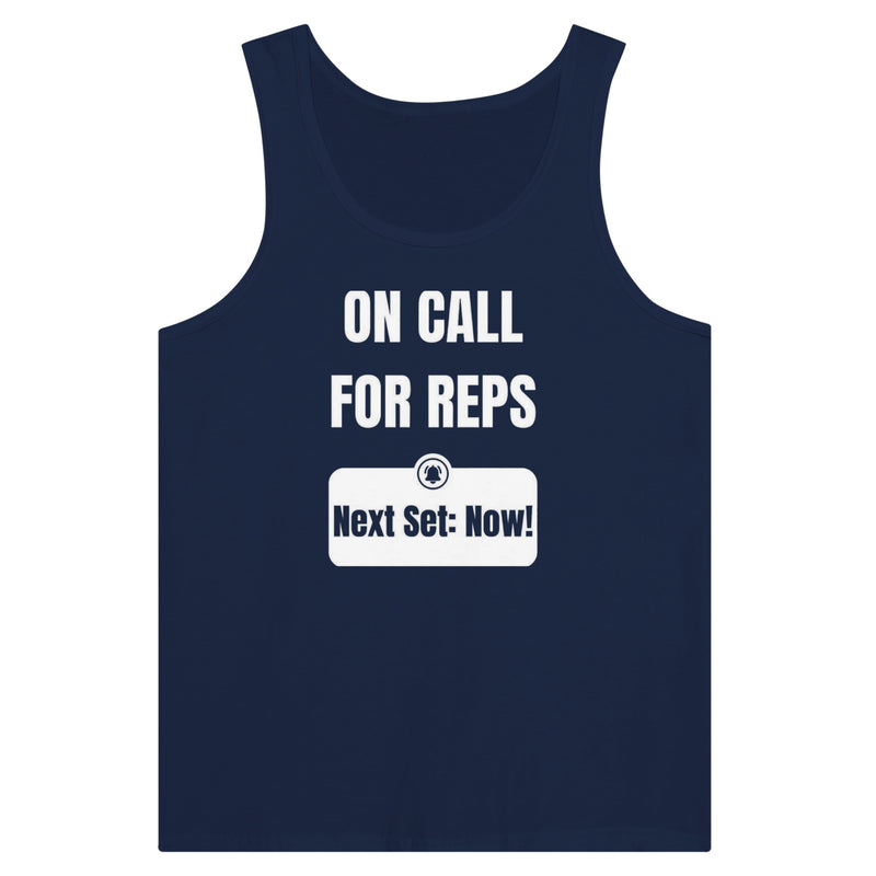 unisex premium travel tank with white On Call for Reps notification graphic reading Next Set: Now!