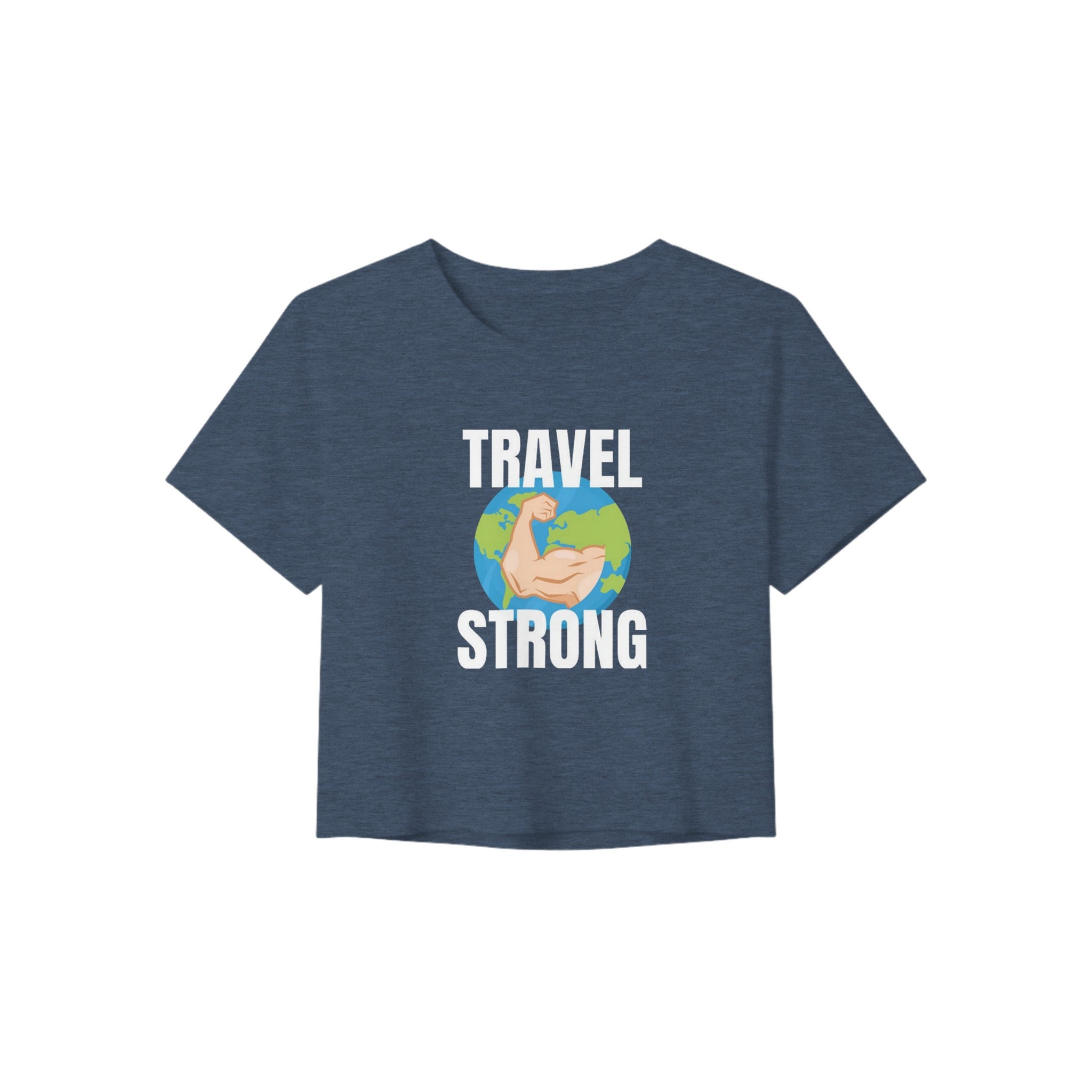 Travel Strong women's crop tee by Dumbbells & Hotels - flat lay