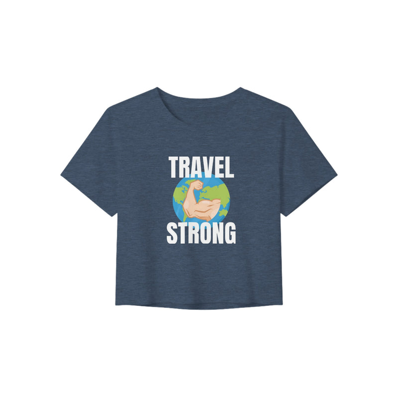 Travel Strong women's crop tee by Dumbbells & Hotels - flat lay