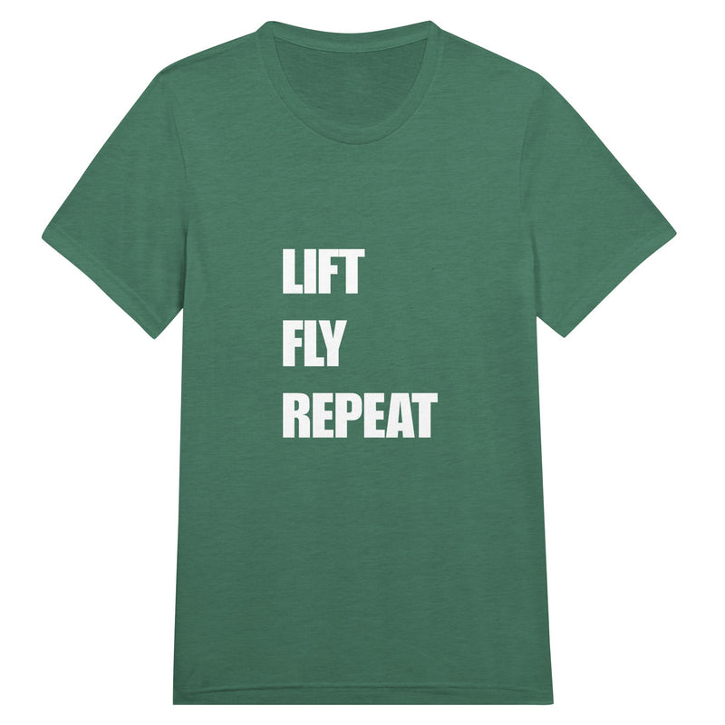 Lift Fly Repeat unisex triblend tee for travelling professionals, printed with a laurel-wreath crest with crossed dumbbells, aviator wings and a LIFT. FLY. REPEAT. ribbon — product photo 8 of 19