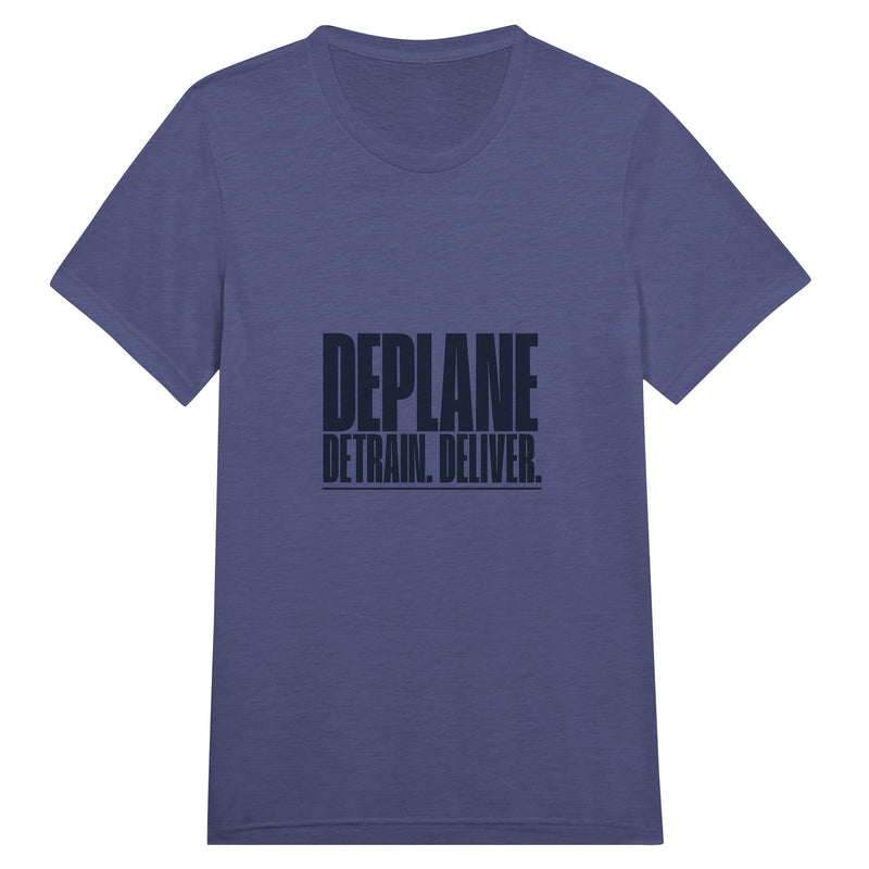 Deplane. Detrain. Deliver. travel tee, Dumbbells and Hotels, colorway flat lay