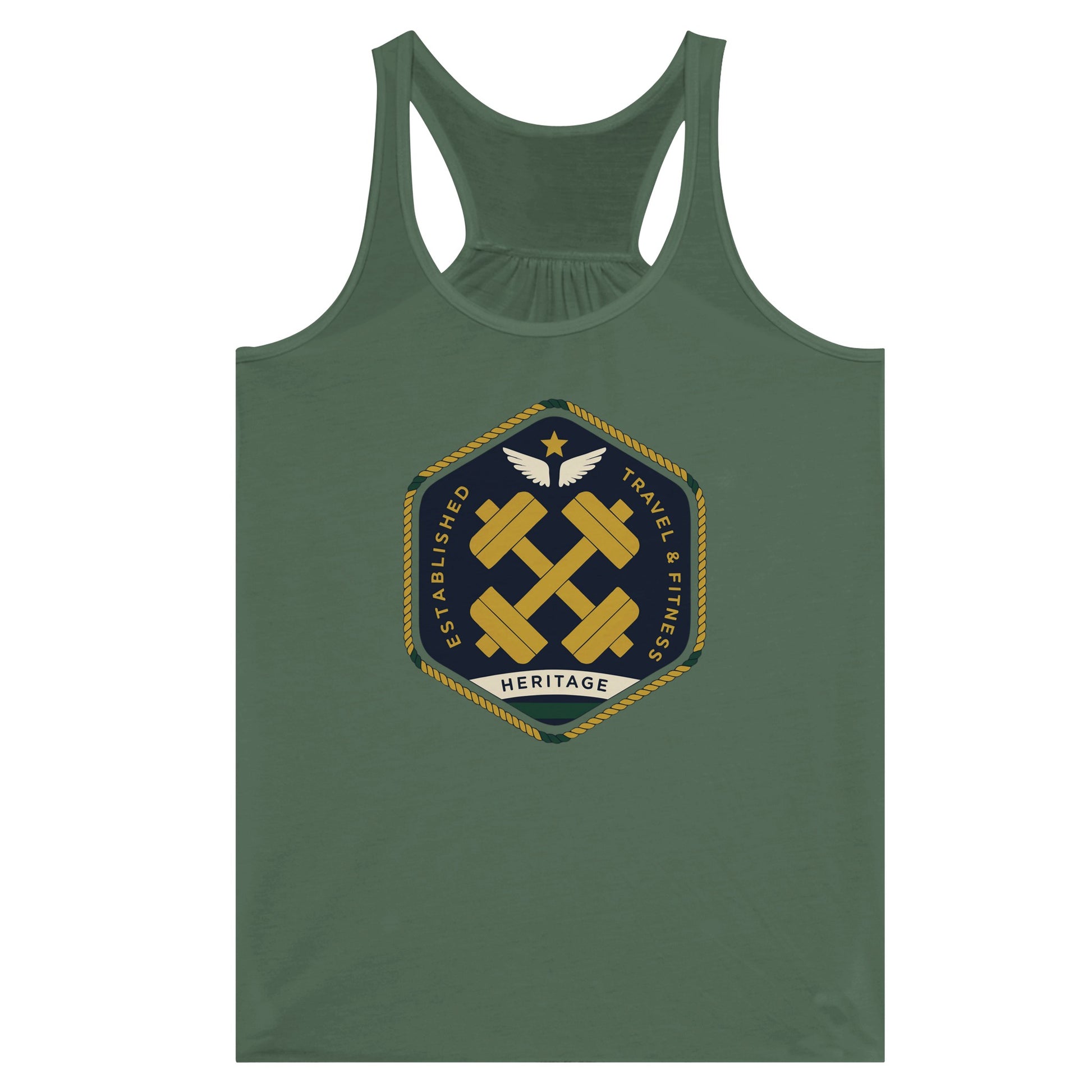Heritage Standard crest-emblem flowy racerback tank, Dumbbells & Hotels road warrior apparel