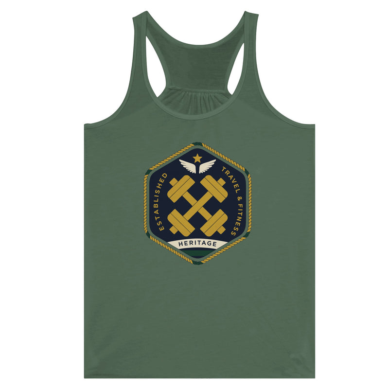 Heritage Standard crest-emblem flowy racerback tank, Dumbbells & Hotels road warrior apparel