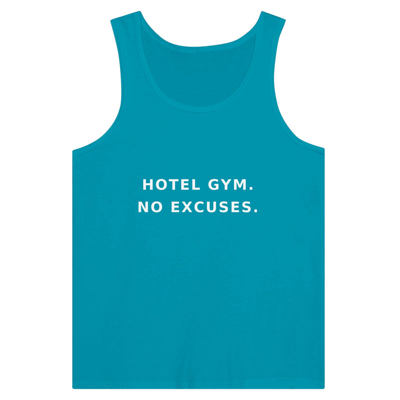 men's premium travel tank with white Hotel Gym. No Excuses. statement print for hotel gym sessions