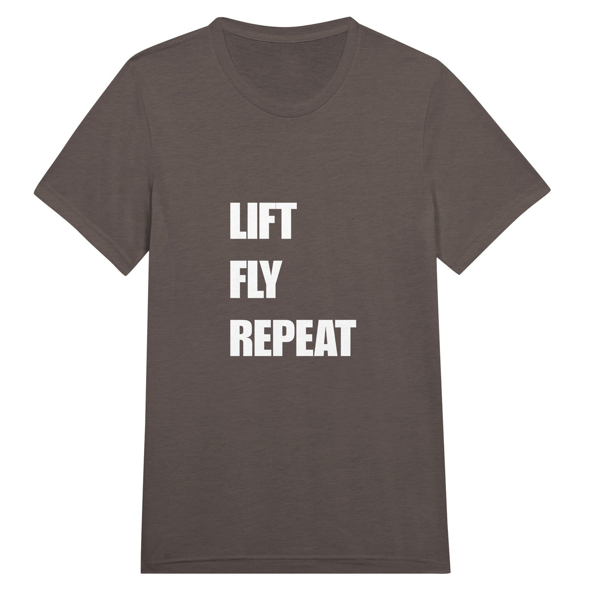 Lift Fly Repeat unisex triblend tee for travelling professionals, printed with a laurel-wreath crest with crossed dumbbells, aviator wings and a LIFT. FLY. REPEAT. ribbon — product photo 9 of 19