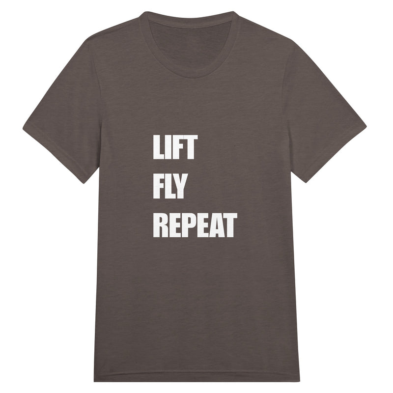 Lift Fly Repeat unisex triblend tee for travelling professionals, printed with a laurel-wreath crest with crossed dumbbells, aviator wings and a LIFT. FLY. REPEAT. ribbon — product photo 9 of 19