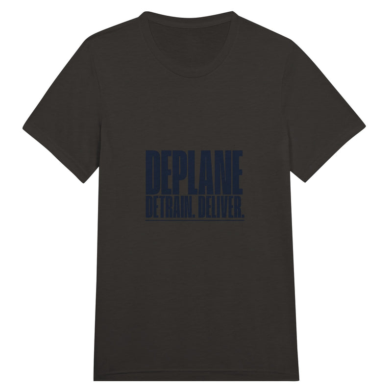Deplane. Detrain. Deliver. travel tee, Dumbbells and Hotels, colorway flat lay