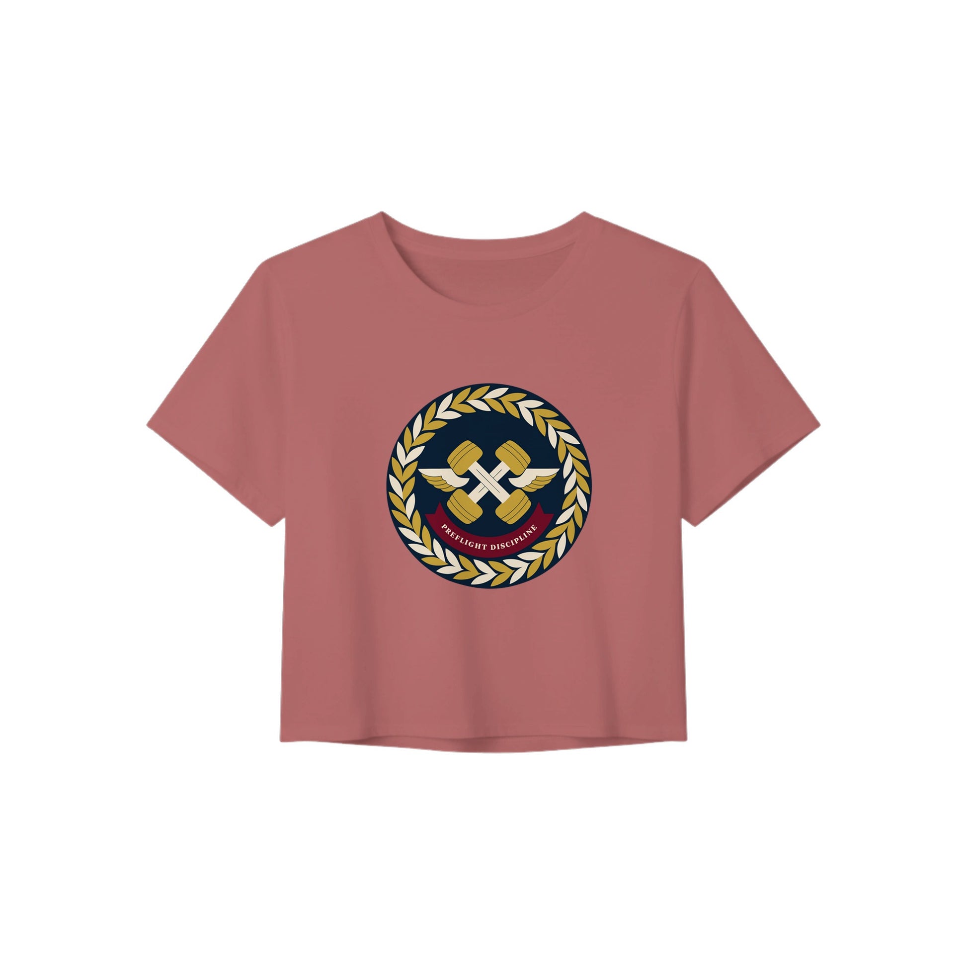 Preflight Discipline winged-dumbbell crest with laurel wreath on a women's crop tee by Dumbbells & Hotels — view 6 of 7