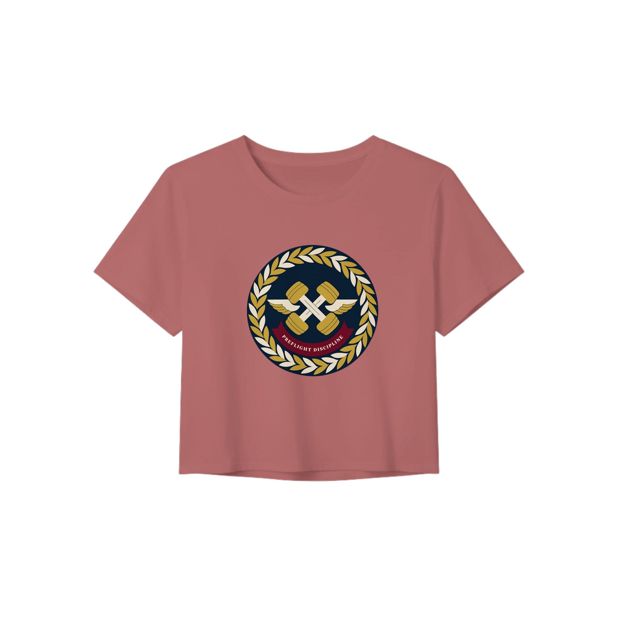 Preflight Discipline winged-dumbbell crest with laurel wreath on a women's crop tee by Dumbbells & Hotels — view 6 of 7