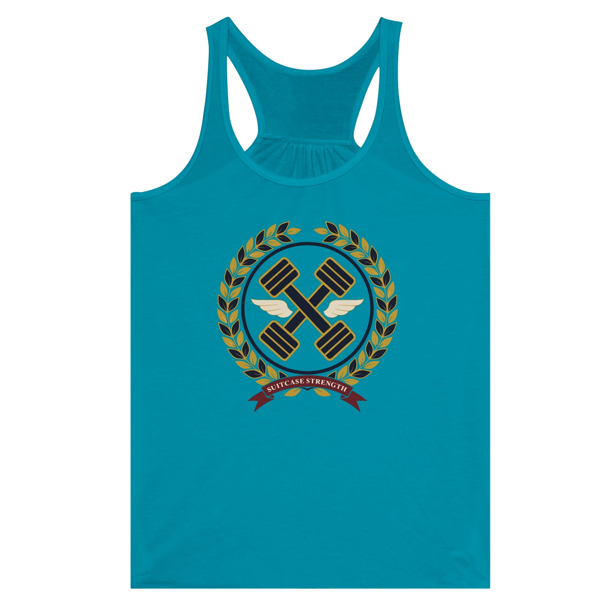 Suitcase Strength women's flowy racerback tank for travelling professionals, printed with a gold laurel-wreath crest with navy crossed dumbbells, cream aviator wings and a SUITCASE STRENGTH ribbon — product photo 10 of 13
