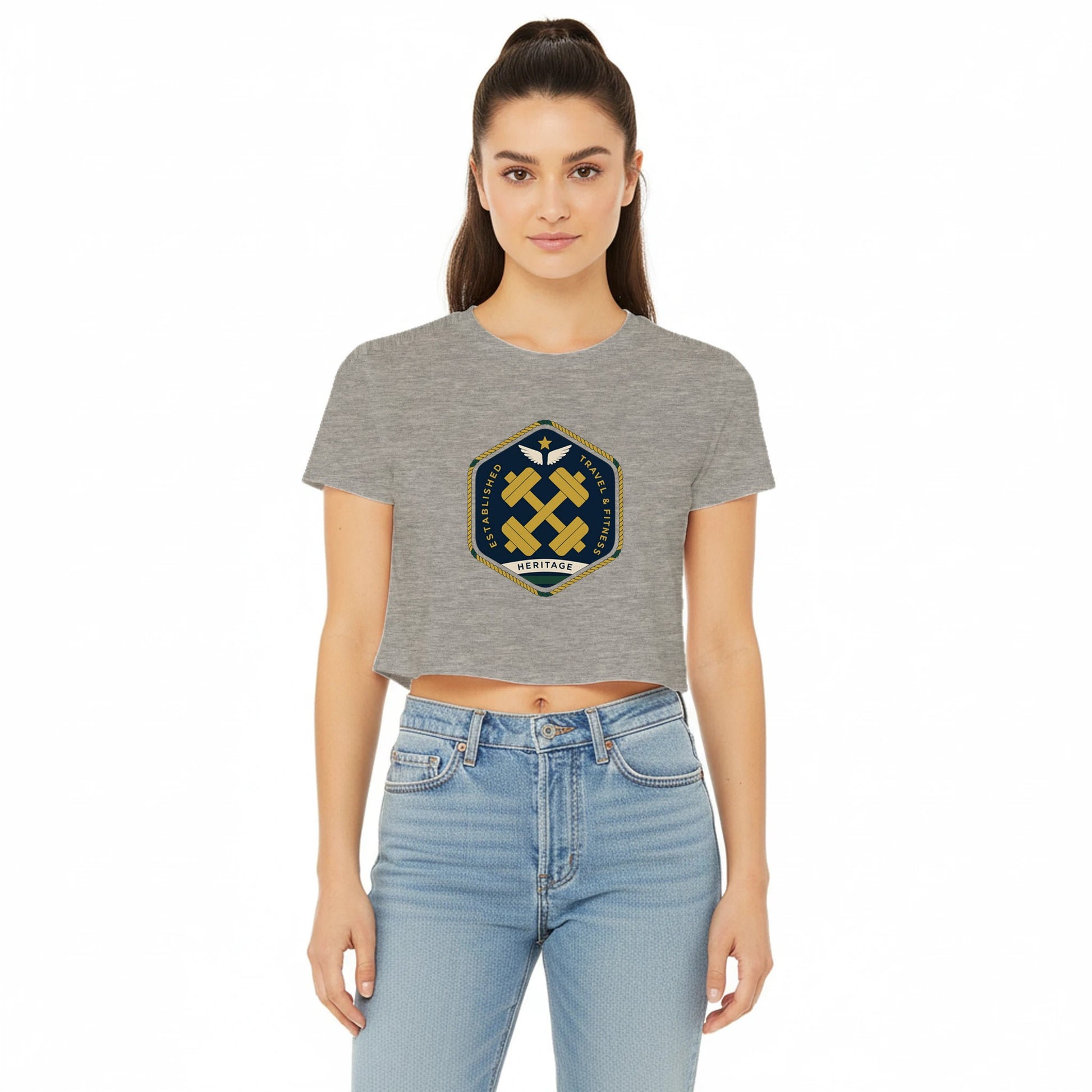 Heritage Standard crest-emblem travel crop tee, Dumbbells & Hotels road warrior apparel