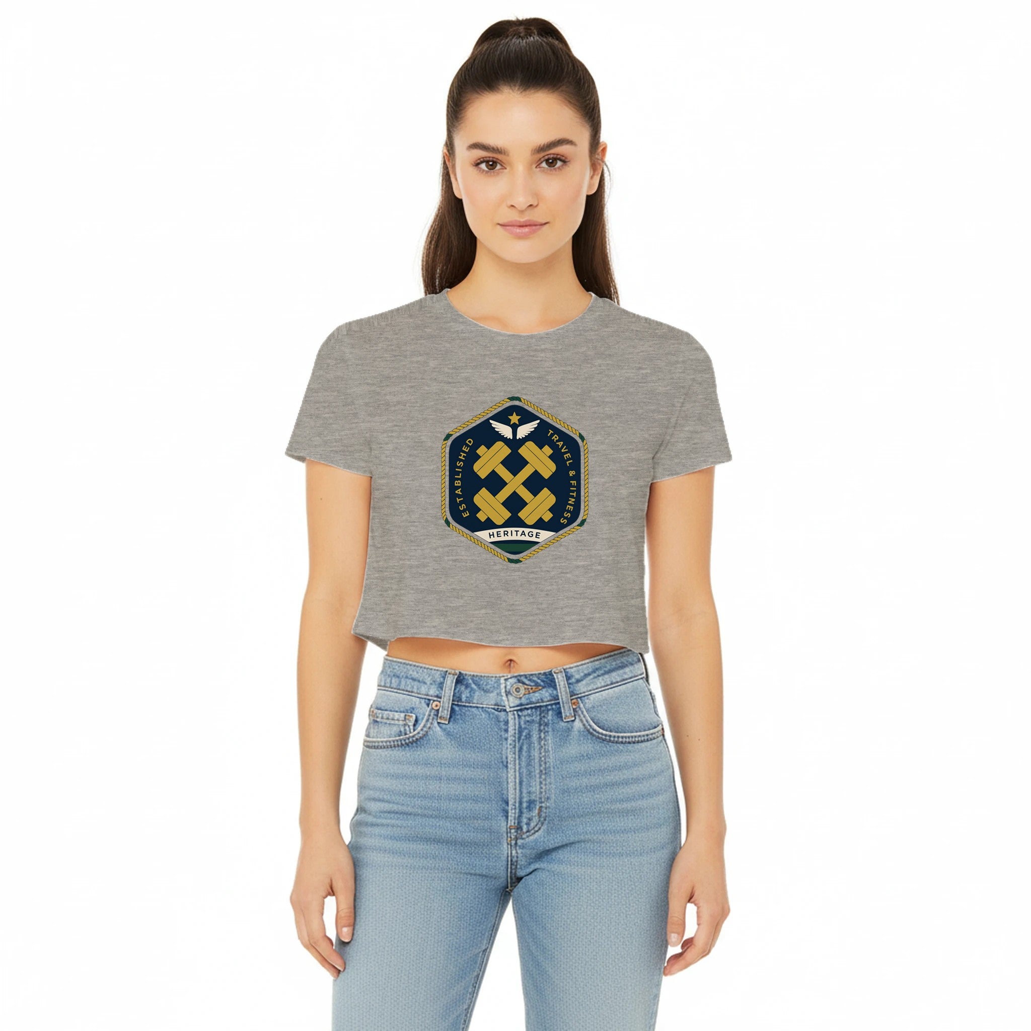 Heritage Standard crest-emblem travel crop tee, Dumbbells & Hotels road warrior apparel