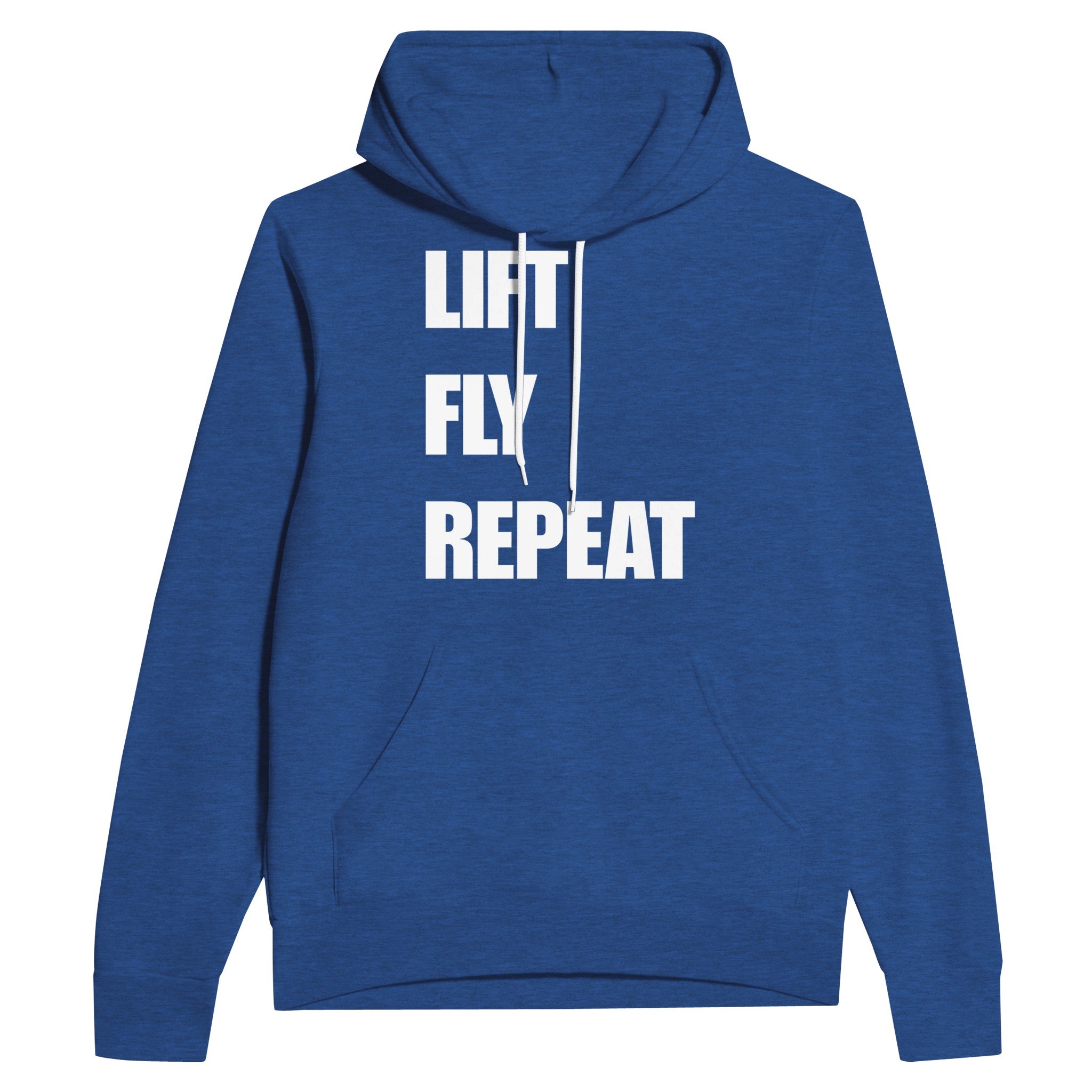 Lift Fly Repeat unisex pullover hoodie for travelling professionals, printed with a laurel-wreath crest with crossed dumbbells, aviator wings and a LIFT. FLY. REPEAT. ribbon — product photo 2 of 12
