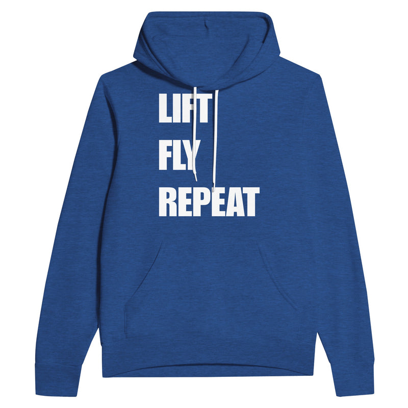 Lift Fly Repeat unisex pullover hoodie for travelling professionals, printed with a laurel-wreath crest with crossed dumbbells, aviator wings and a LIFT. FLY. REPEAT. ribbon — product photo 2 of 12