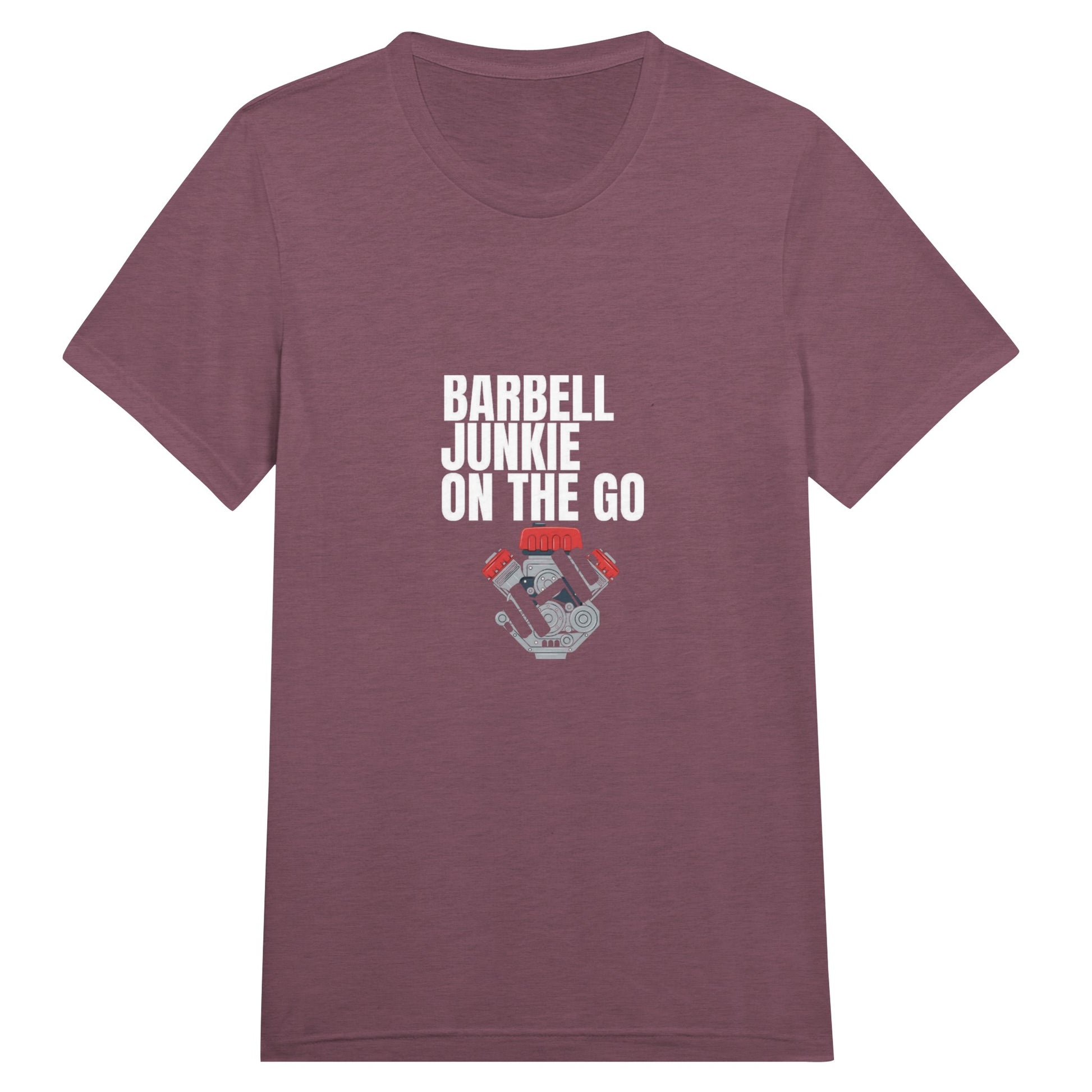 Barbell Junkie on the Go travel-ready crewneck tee by Dumbbells & Hotels — road warrior gym apparel