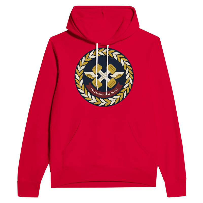 Preflight Discipline unisex pullover hoodie for travelling professionals, printed with a laurel-wreath crest with crossed dumbbells, aviator wings and a PREFLIGHT DISCIPLINE banner — product photo 9 of 12