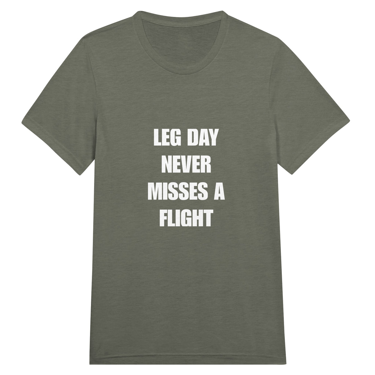 Leg Day Never Misses a Flight unisex triblend tee for travelling professionals, printed with a laurel-wreath crest with crossed dumbbells, aviator wings and a LEG DAY NEVER MISSES A FLIGHT ribbon — product photo 14 of 19
