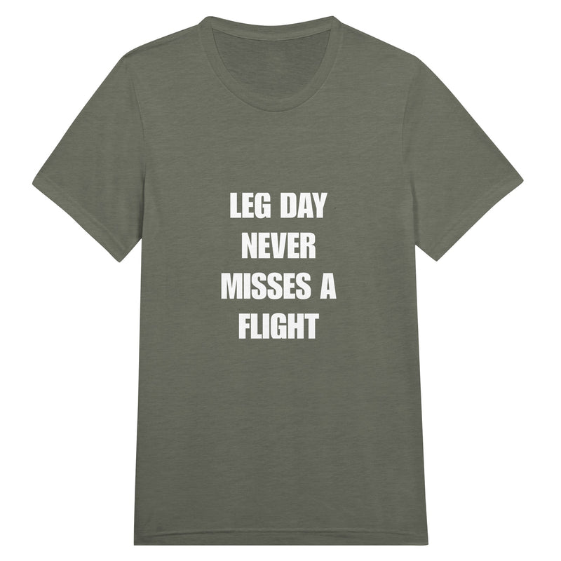 Leg Day Never Misses a Flight unisex triblend tee for travelling professionals, printed with a laurel-wreath crest with crossed dumbbells, aviator wings and a LEG DAY NEVER MISSES A FLIGHT ribbon — product photo 14 of 19