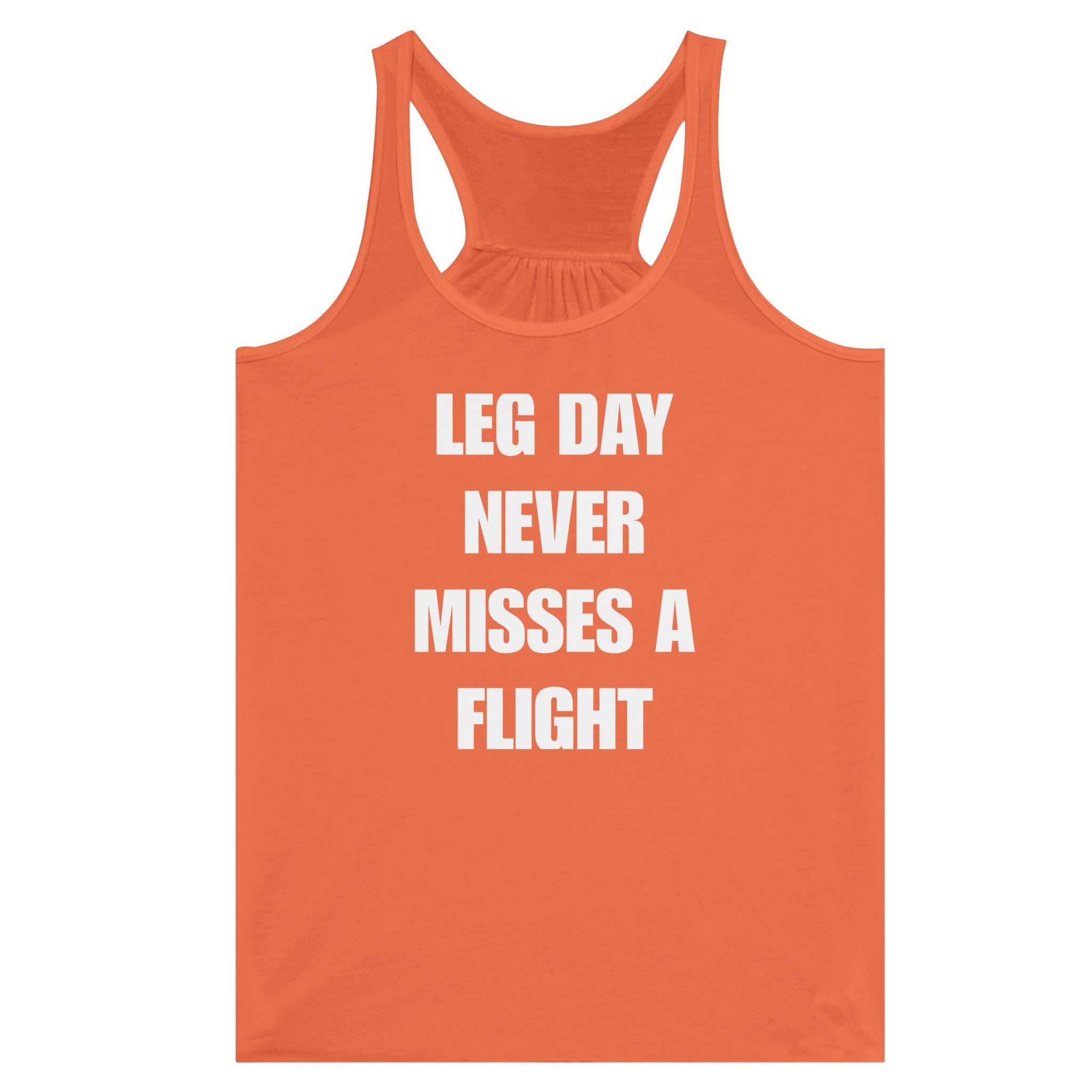 Dumbbells & Hotels women's flowy racerback tank with the Leg Day Never Misses a Flight graphic - product shot 2 of 13