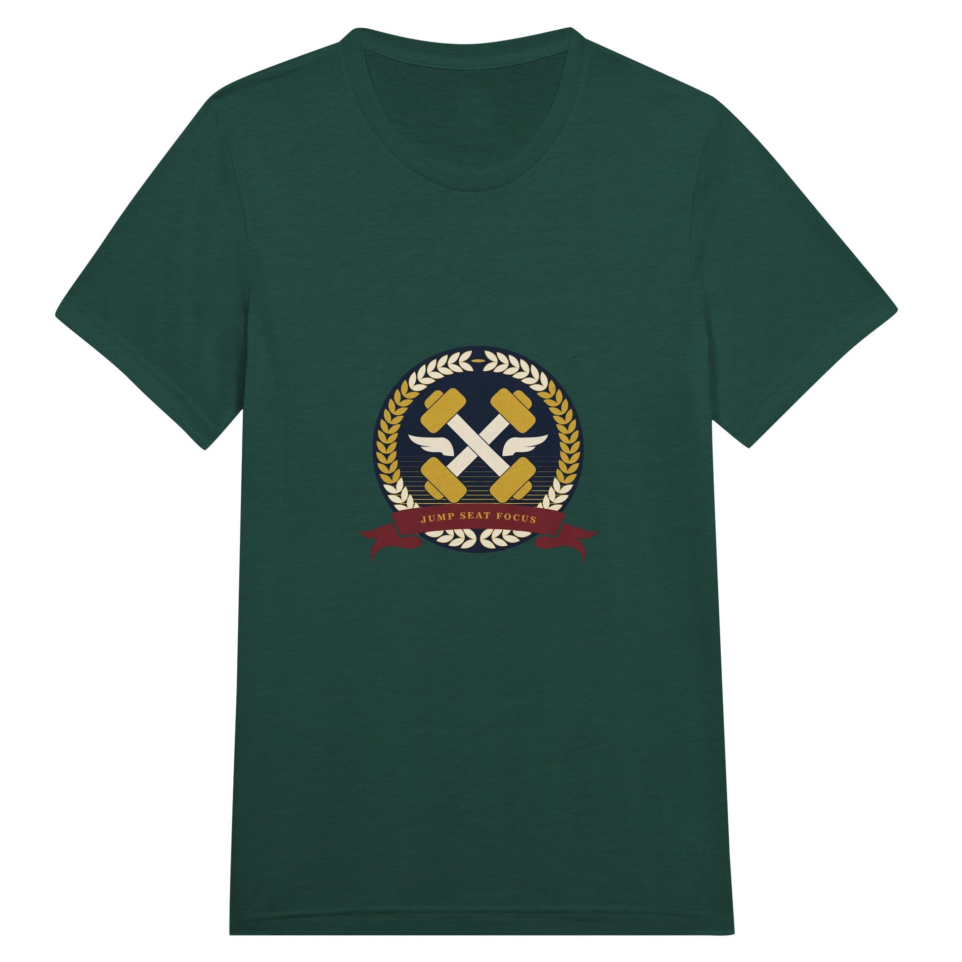 Dumbbells & Hotels unisex triblend tee with the Jump Seat Focus crest (gold laurel ring, crossed dumbbells over aviator wings, burgundy ribbon) - product shot 3 of 19