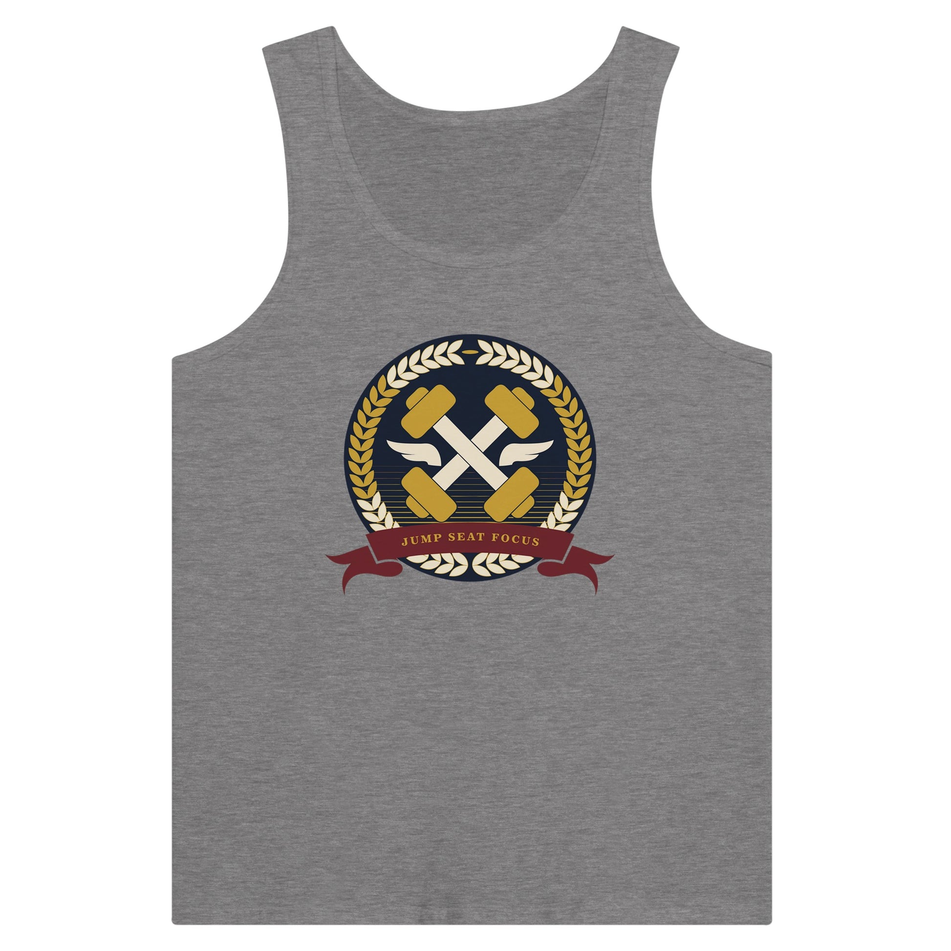 Dumbbells & Hotels unisex tank top with the Jump Seat Focus crest (gold laurel ring, crossed dumbbells over aviator wings, burgundy ribbon) - product shot 10 of 18