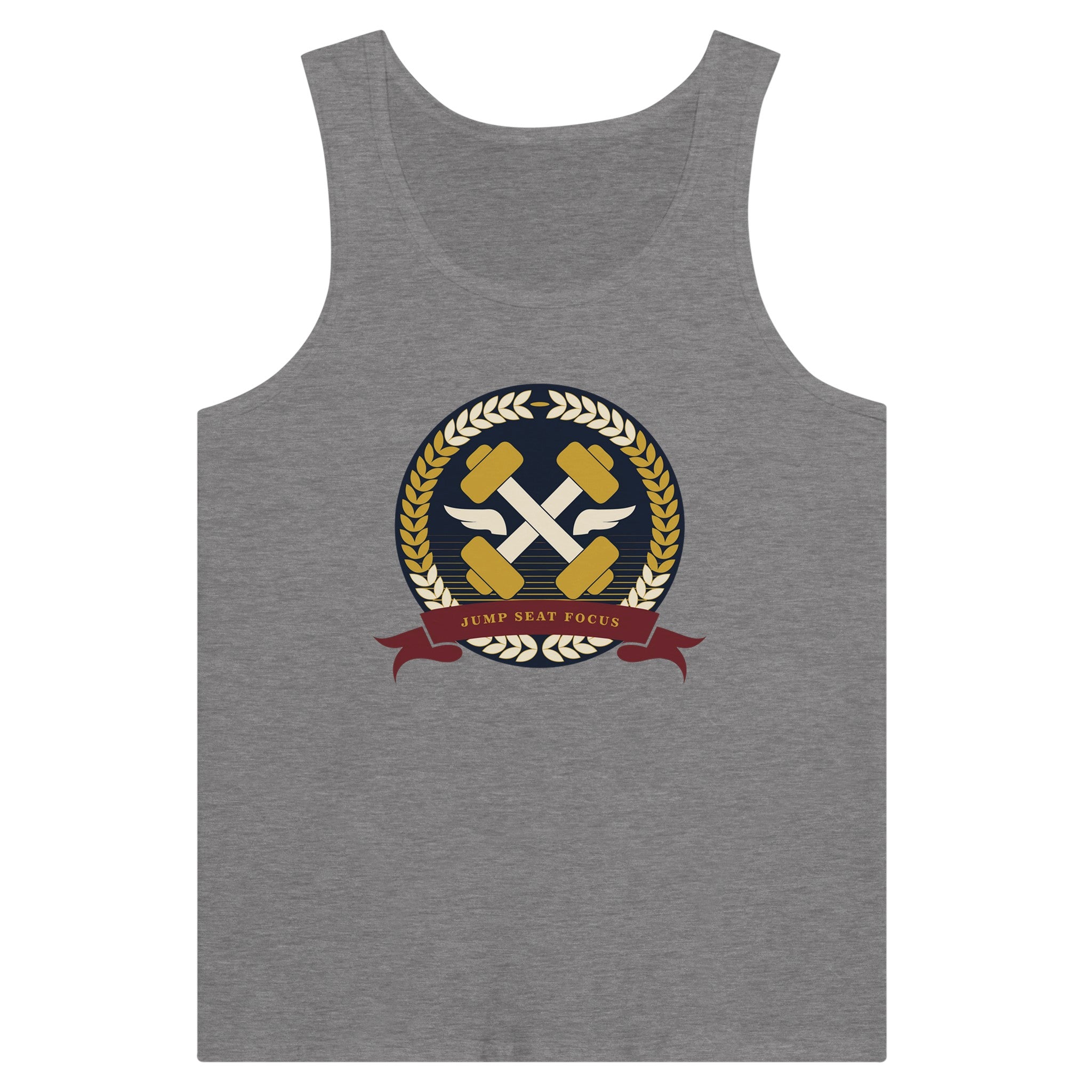 Dumbbells & Hotels unisex tank top with the Jump Seat Focus crest (gold laurel ring, crossed dumbbells over aviator wings, burgundy ribbon) - product shot 10 of 18