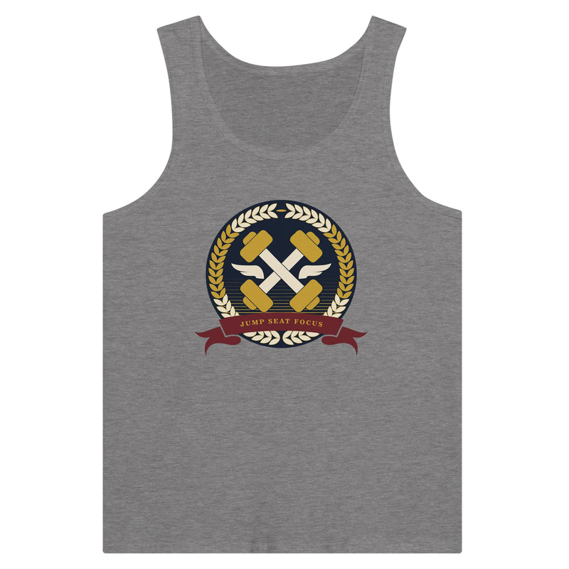 Dumbbells & Hotels unisex tank top with the Jump Seat Focus crest (gold laurel ring, crossed dumbbells over aviator wings, burgundy ribbon) - product shot 10 of 18